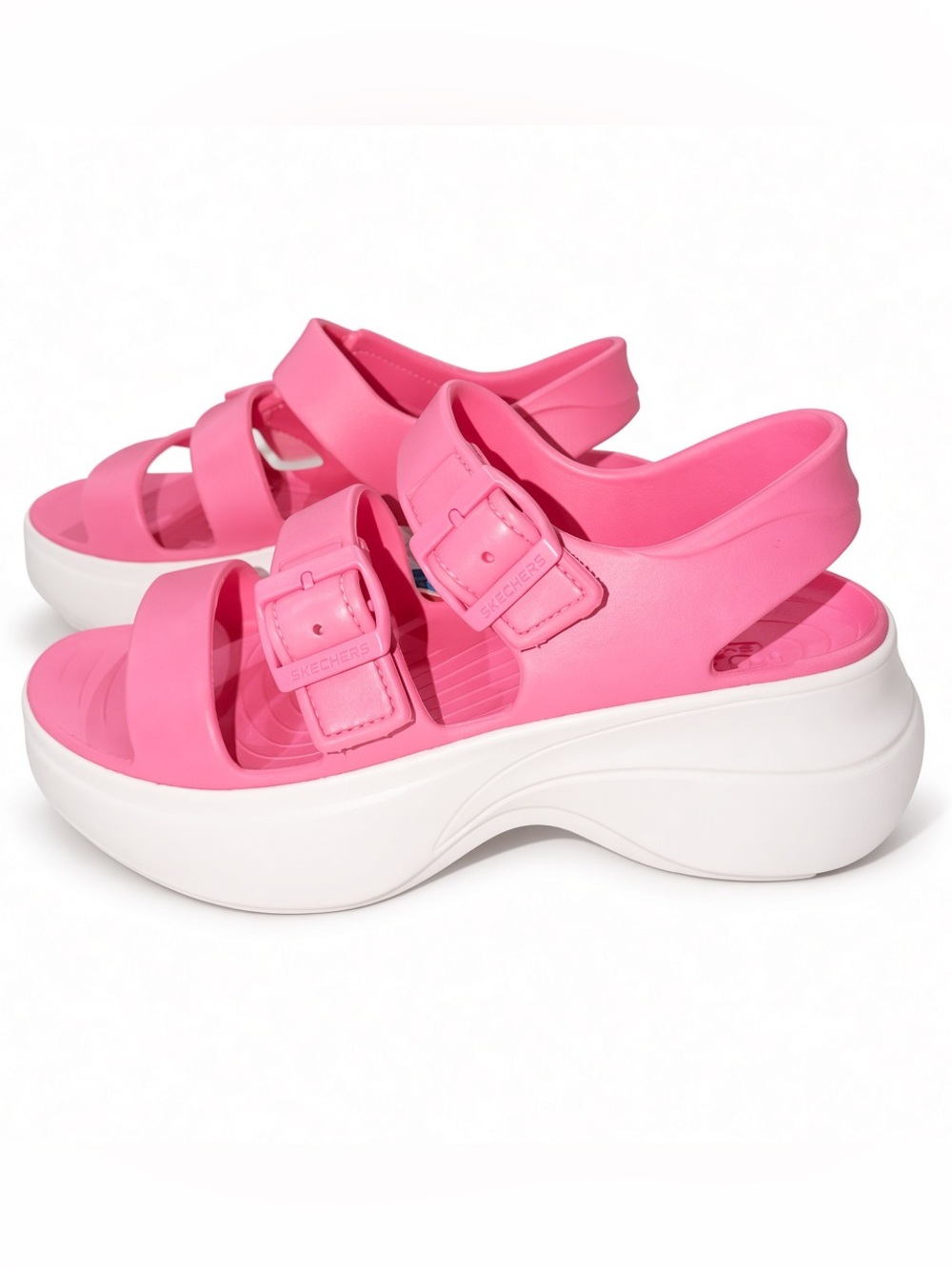 NWT Skechers FOAMIES Tai 3-Strap 2-Buckle Platform Pink White Washable Sandals